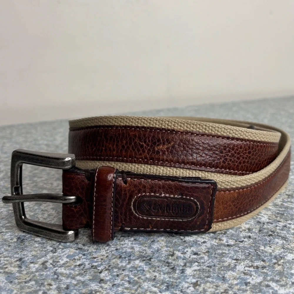 Columbia Belt Mens 40 Brown Leather Tan Cotton Webbing Casual Outdoor 11CO0331